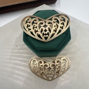 VINTAGE Shoe Clips BUCKLE Hearts Scroll SIGNED Gold Tone Etch Tip Toe Large
